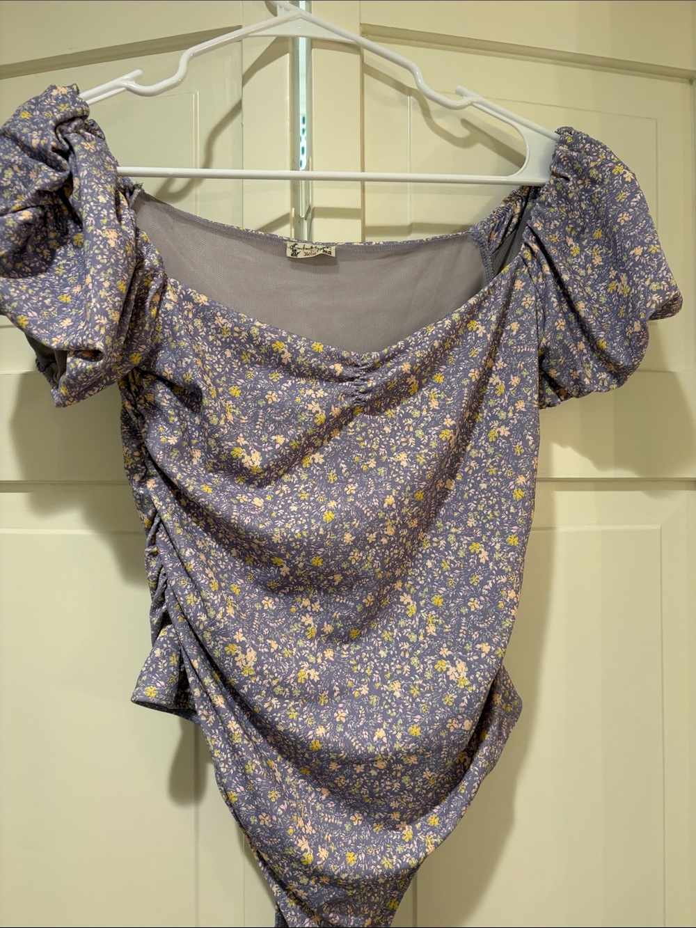Free People Puff sleeve Floral Off-Shoulder Ruched body suit top in Lavender